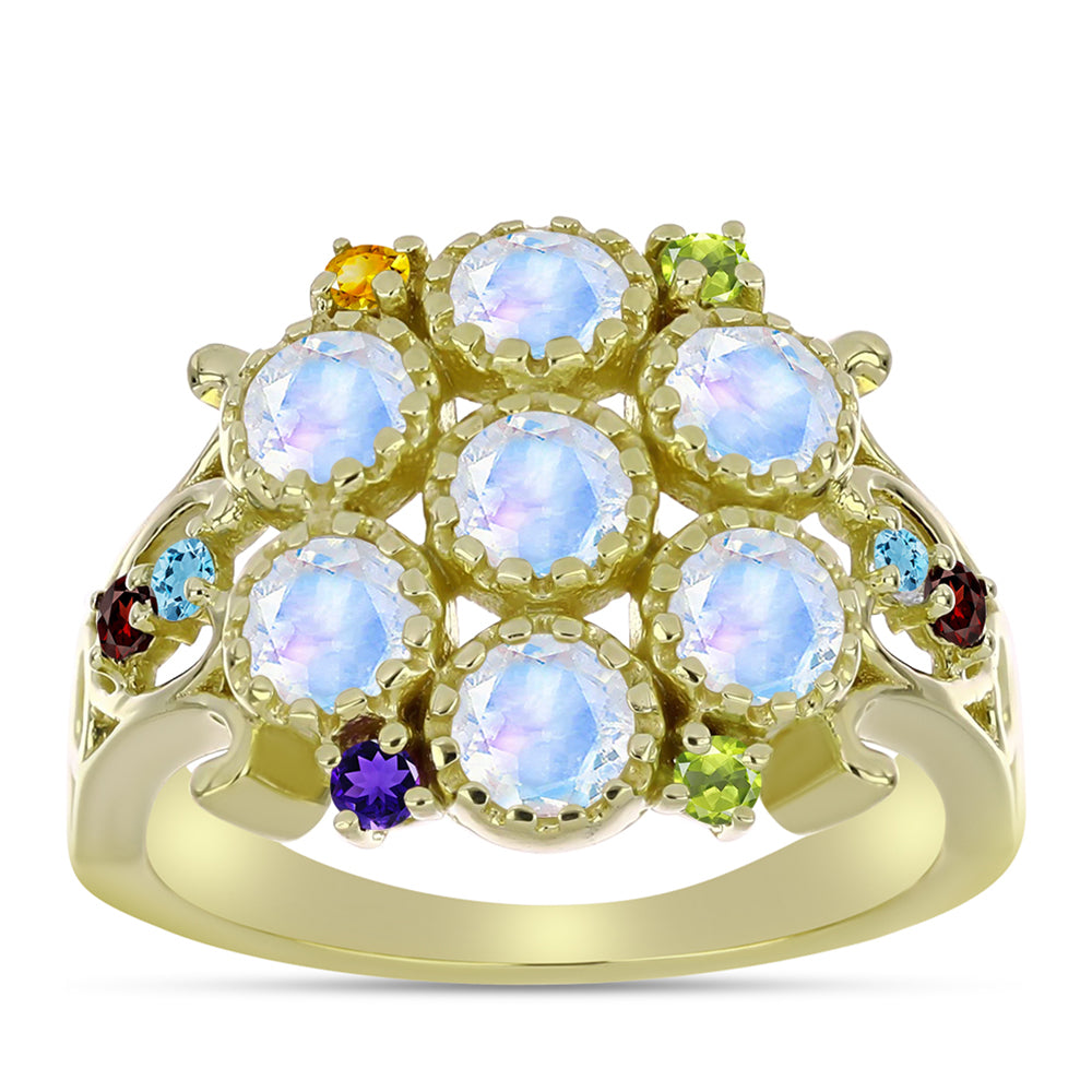 Anillo de Plata Bañada en Oro con Piedra Lunar Arco Iris y Amatista de Marruecos 3 