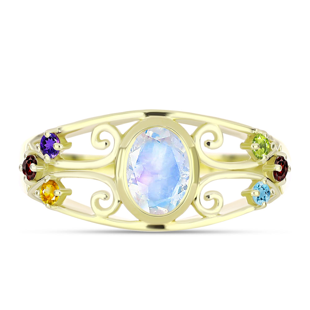 Anillo de Plata Bañada en Oro con Piedra Lunar Arco Iris y Amatista de Marruecos 1 