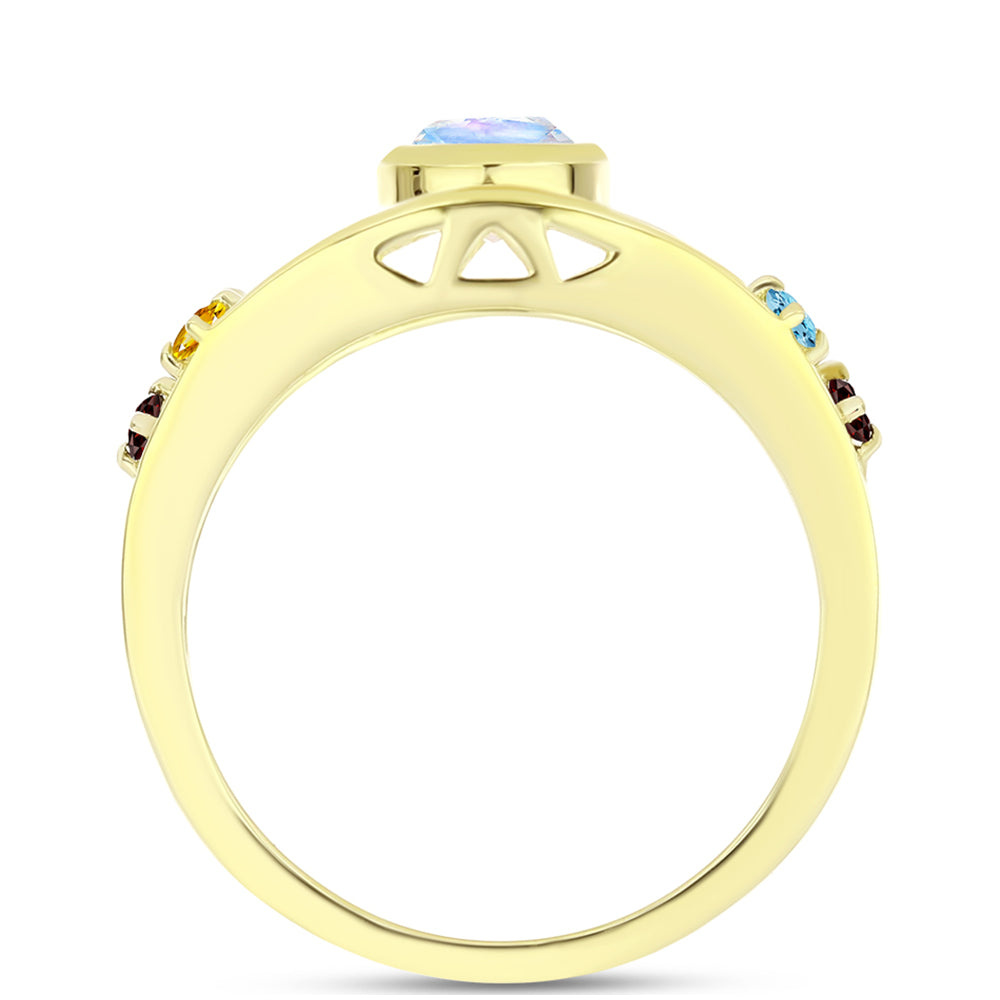 Anillo de Plata Bañada en Oro con Piedra Lunar Arco Iris y Amatista de Marruecos 6 