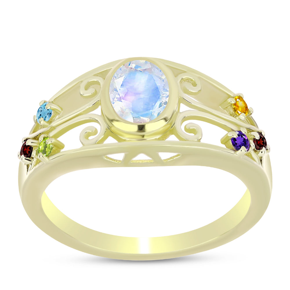 Anillo de Plata Bañada en Oro con Piedra Lunar Arco Iris y Amatista de Marruecos 7 