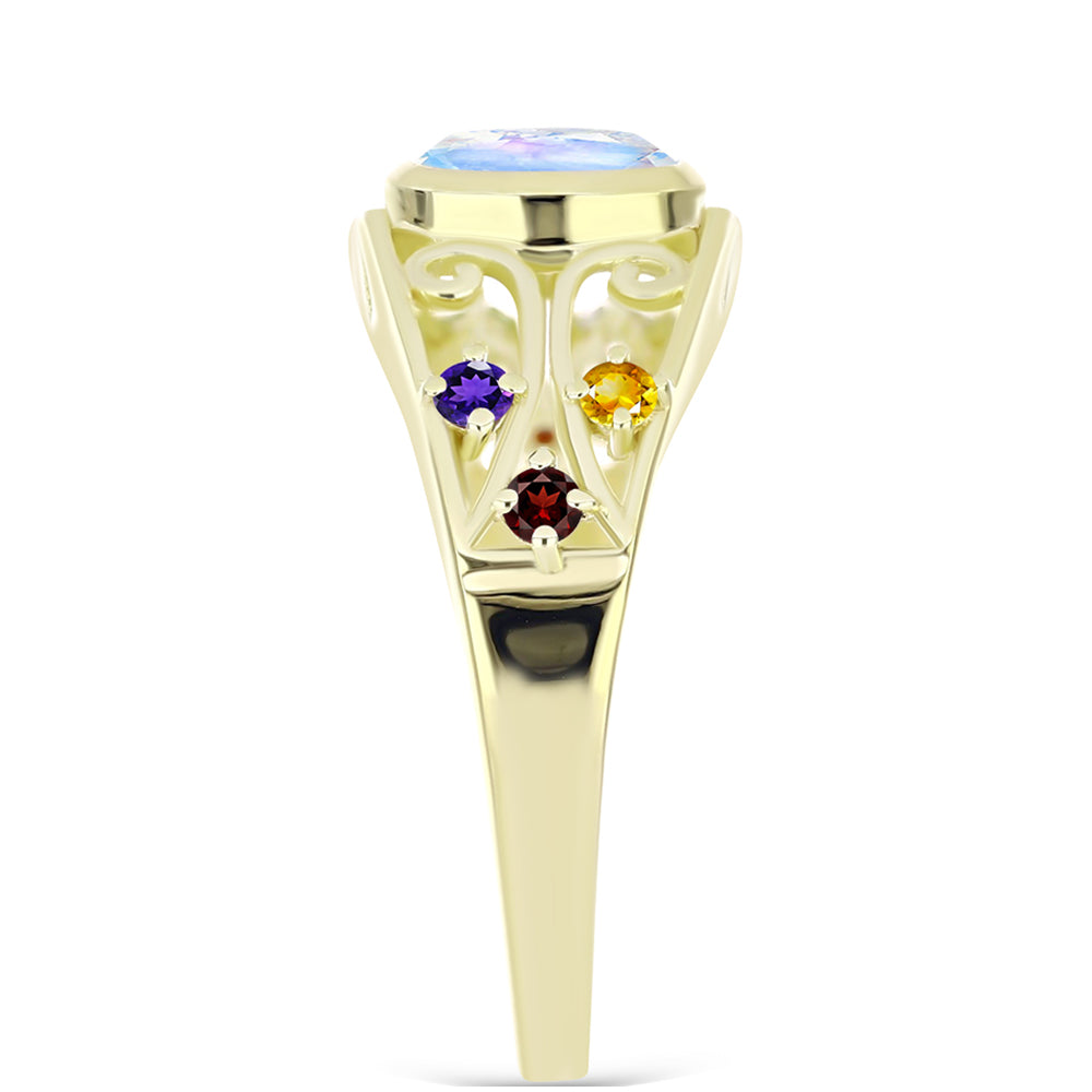 Anillo de Plata Bañada en Oro con Piedra Lunar Arco Iris y Amatista de Marruecos 4 