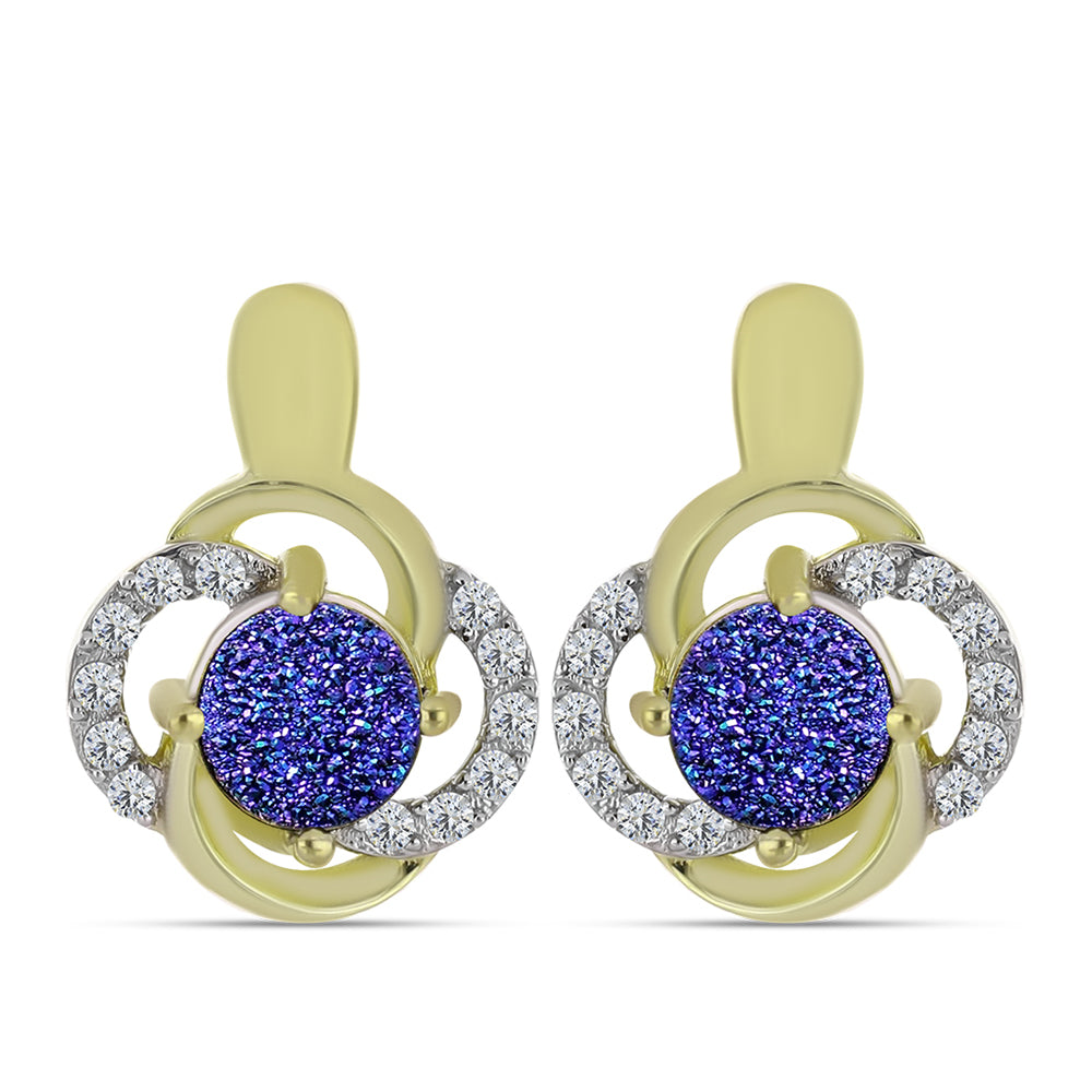 Pendientes de Plata Bañada en Oro con Drusa Purpura y Topacio Blanco