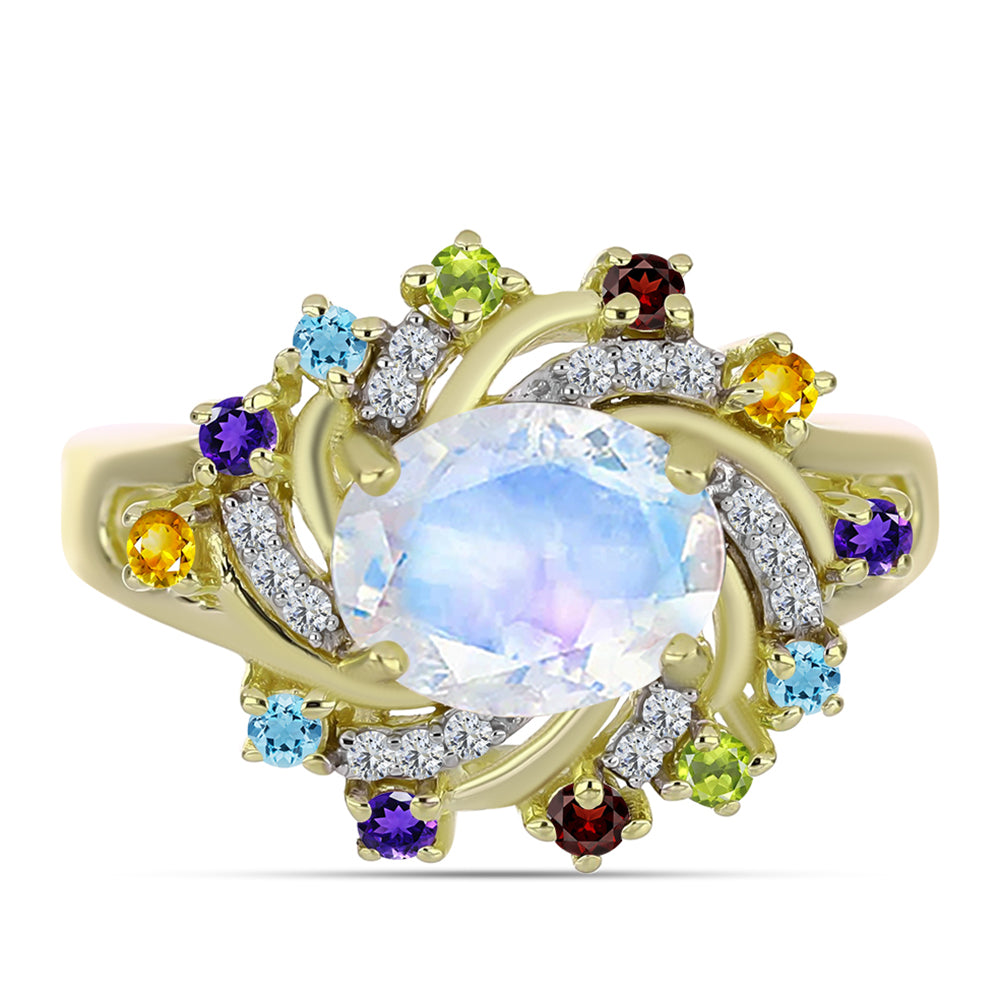 Anillo de Plata Bañada en Oro con Piedra Lunar Arco Iris y Amatista de Marruecos 1 