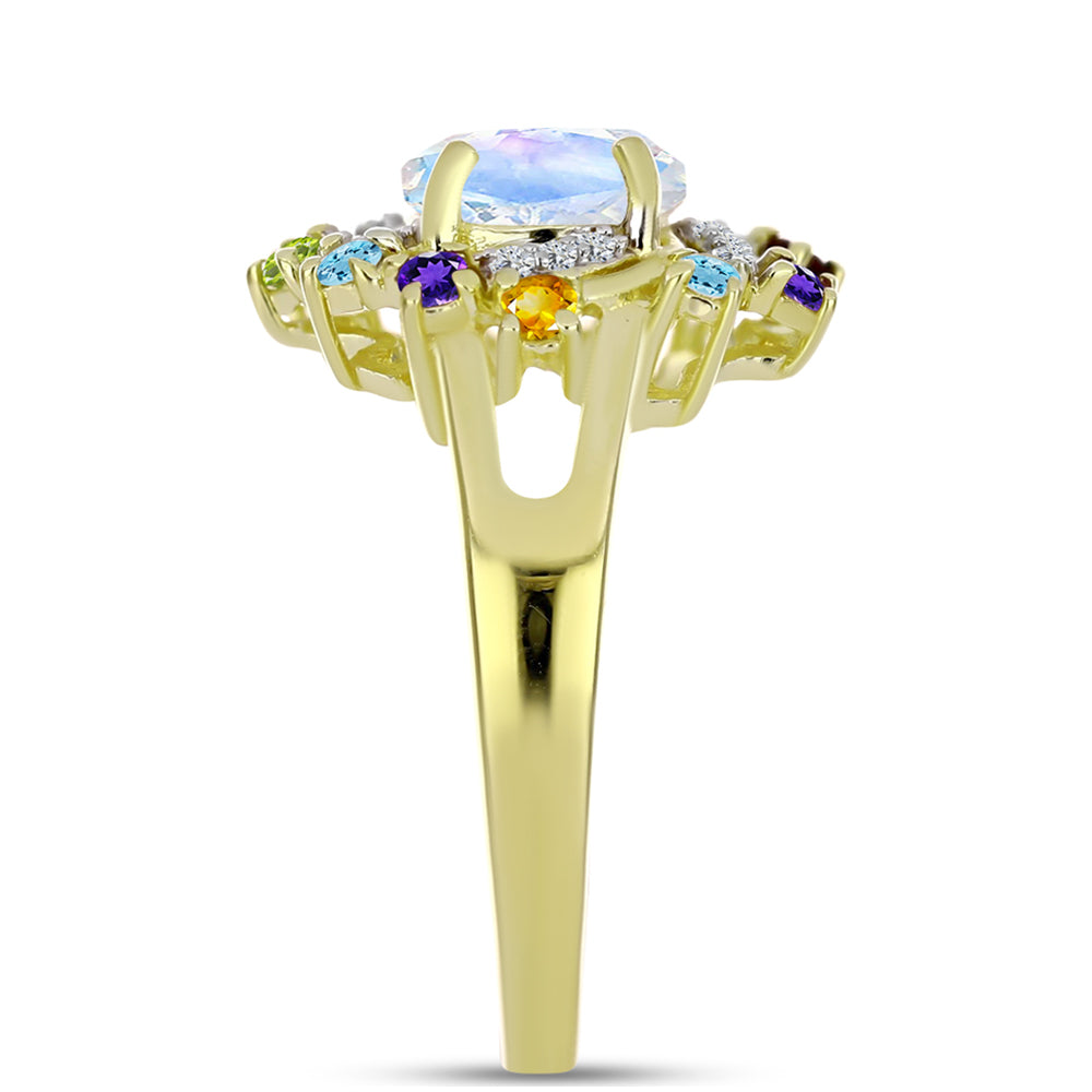 Anillo de Plata Bañada en Oro con Piedra Lunar Arco Iris y Amatista de Marruecos 4 