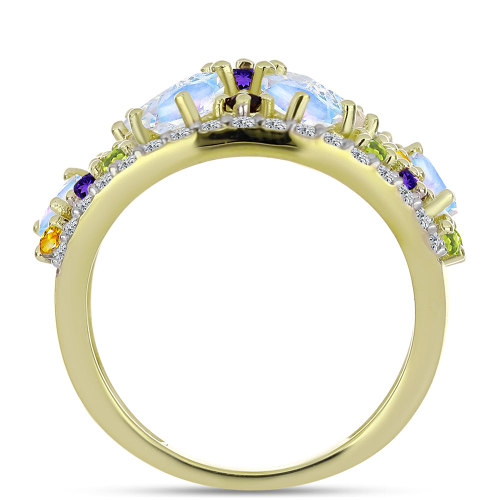 Anillo de Plata Bañada en Oro con Piedra Lunar Arco Iris y Amatista de Marruecos 2 