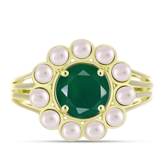 Anillo de Plata Bañada en Oro con Ágata Verde y Perla de Agua Dulce