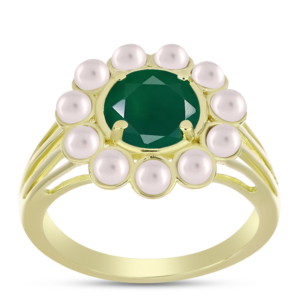 Anillo de Plata Bañada en Oro con Ágata Verde y Perla de Agua Dulce 3 