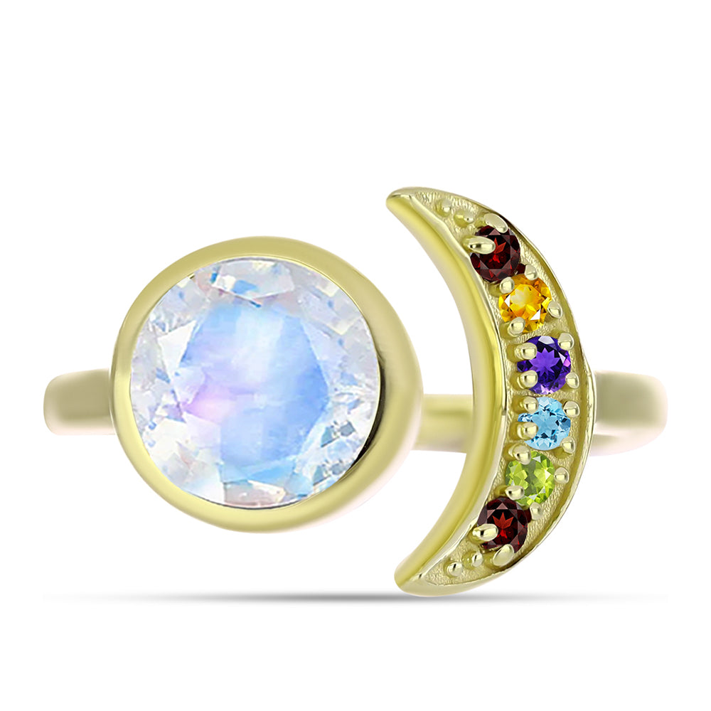 Anillo de Plata Bañada en Oro con Piedra Lunar Arco Iris y Amatista de Marruecos 5 