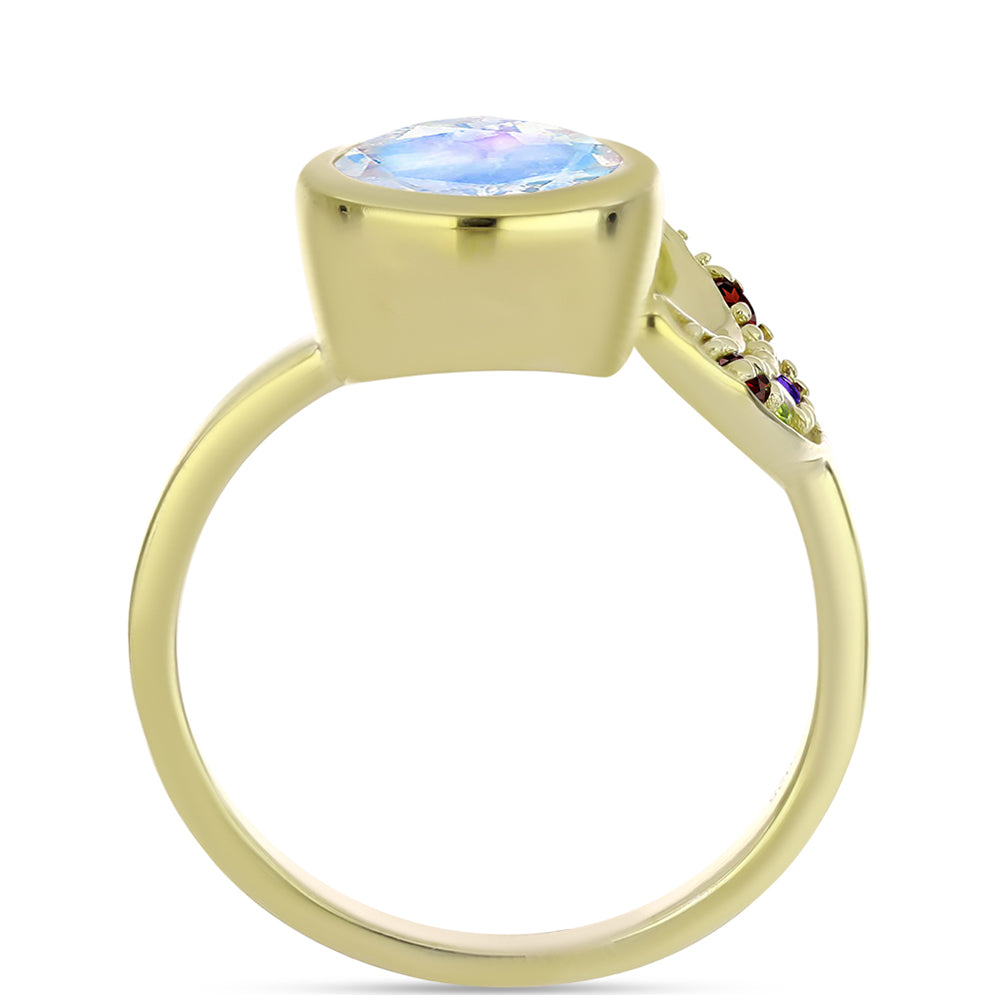 Anillo de Plata Bañada en Oro con Piedra Lunar Arco Iris y Amatista de Marruecos 2 