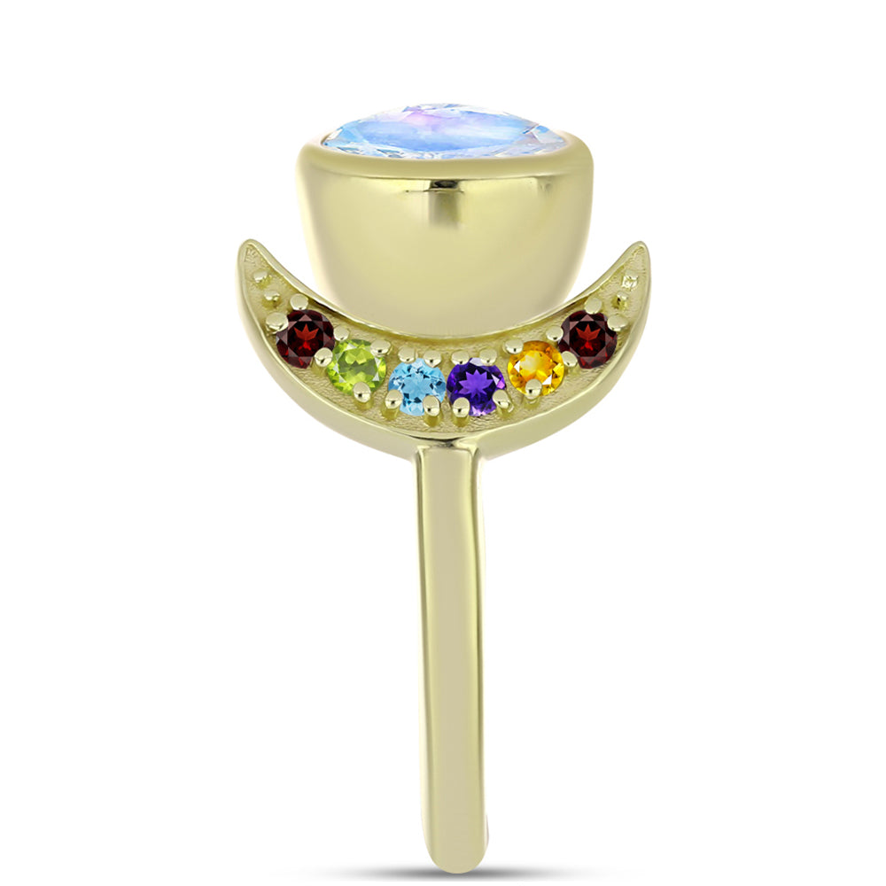 Anillo de Plata Bañada en Oro con Piedra Lunar Arco Iris y Amatista de Marruecos 4 