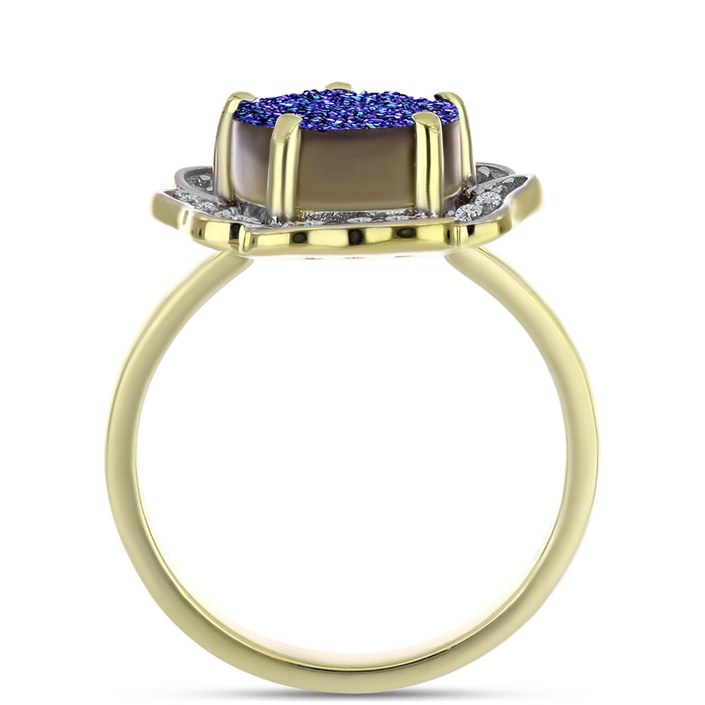 Anillo de Plata Bañada en Oro con Drusa Purpura y Topacio Blanco 2 