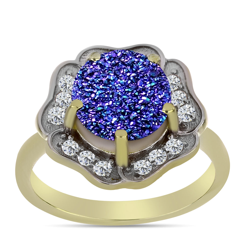 Anillo de Plata Bañada en Oro con Drusa Purpura y Topacio Blanco 11 
