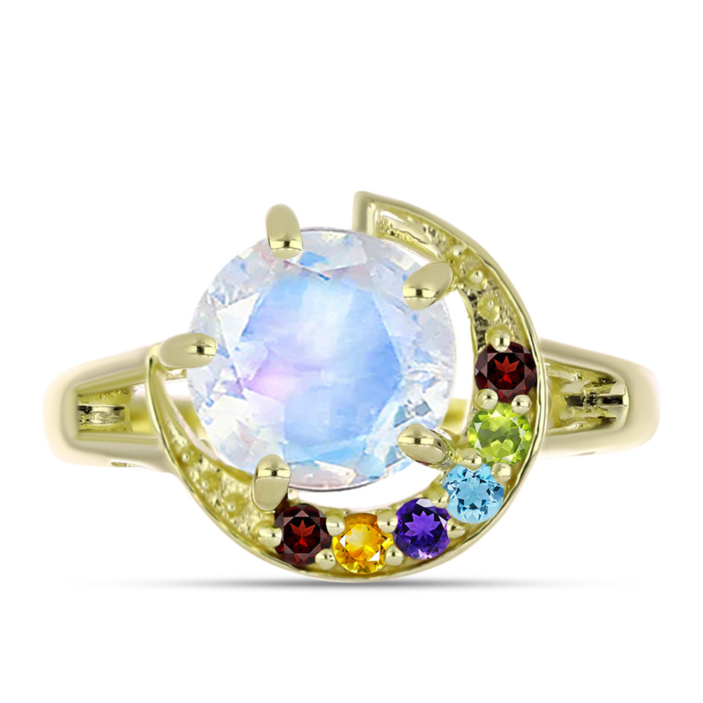 Anillo de Plata Bañada en Oro con Piedra Lunar Arco Iris y Amatista de Marruecos 5 