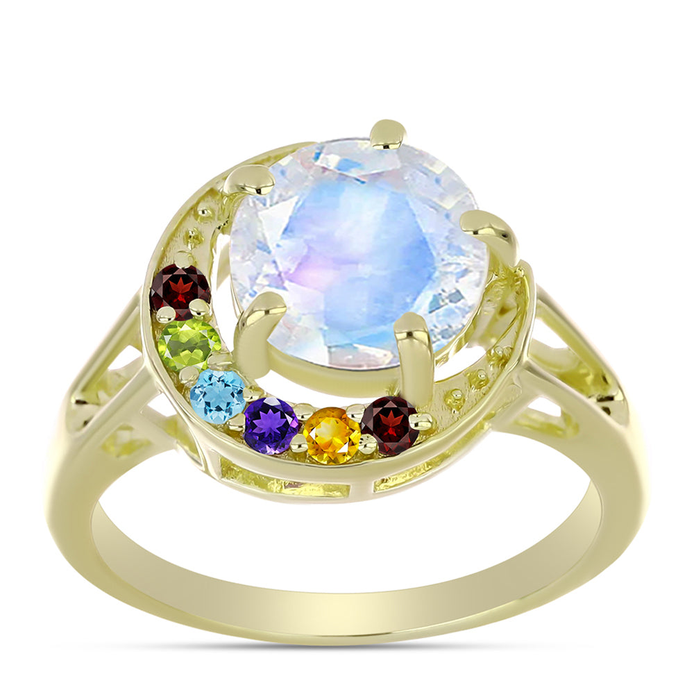 Anillo de Plata Bañada en Oro con Piedra Lunar Arco Iris y Amatista de Marruecos 7 