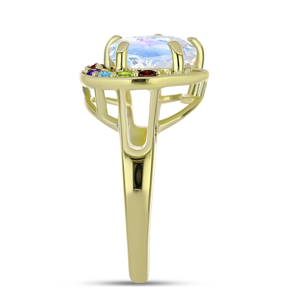 Anillo de Plata Bañada en Oro con Piedra Lunar Arco Iris y Amatista de Marruecos 4 