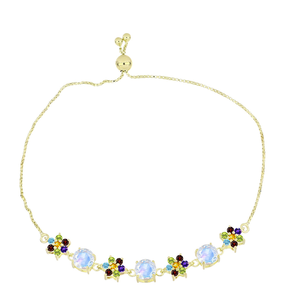 Pulsera de Plata Bañada en Oro con Piedra Lunar Arco Iris y Amatista de Marruecos