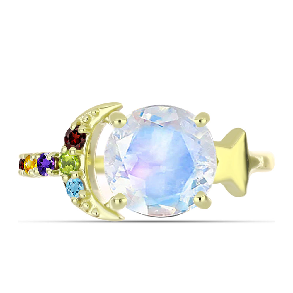 Anillo de Plata Bañada en Oro con Piedra Lunar Arco Iris y Amatista de Marruecos 1 