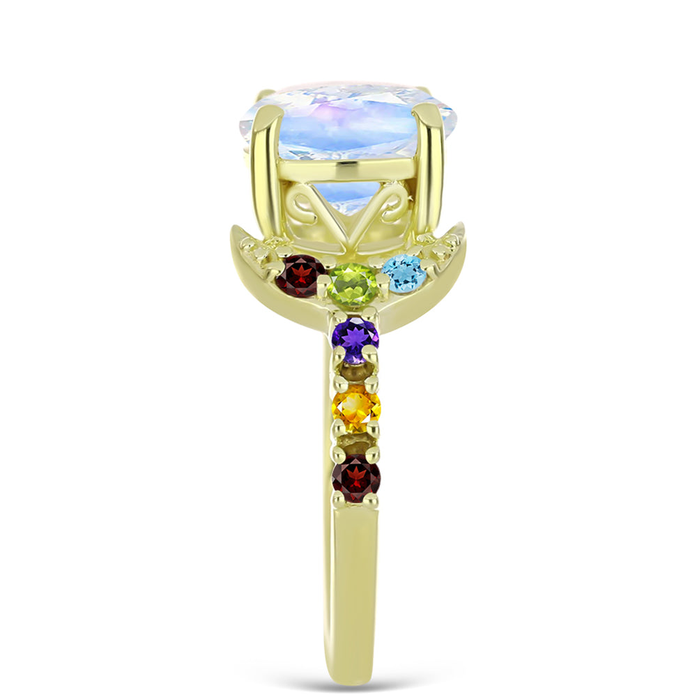 Anillo de Plata Bañada en Oro con Piedra Lunar Arco Iris y Amatista de Marruecos 4 