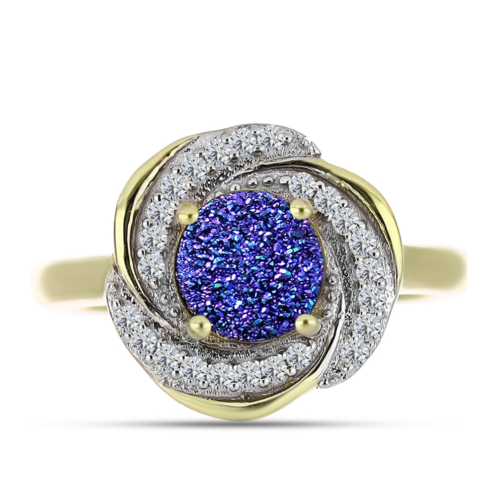 Anillo de Plata Bañada en Oro con Drusa Purpura y Topacio Blanco 5 