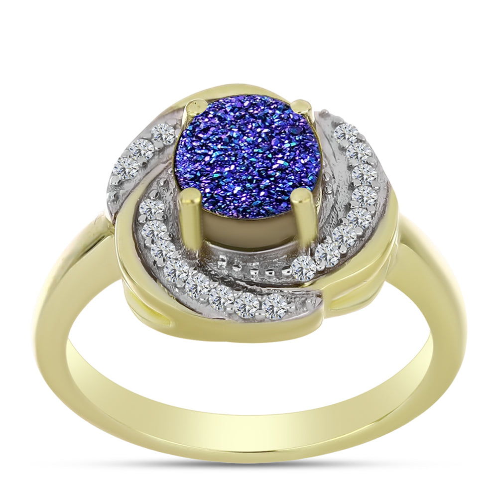 Anillo de Plata Bañada en Oro con Drusa Purpura y Topacio Blanco 7 