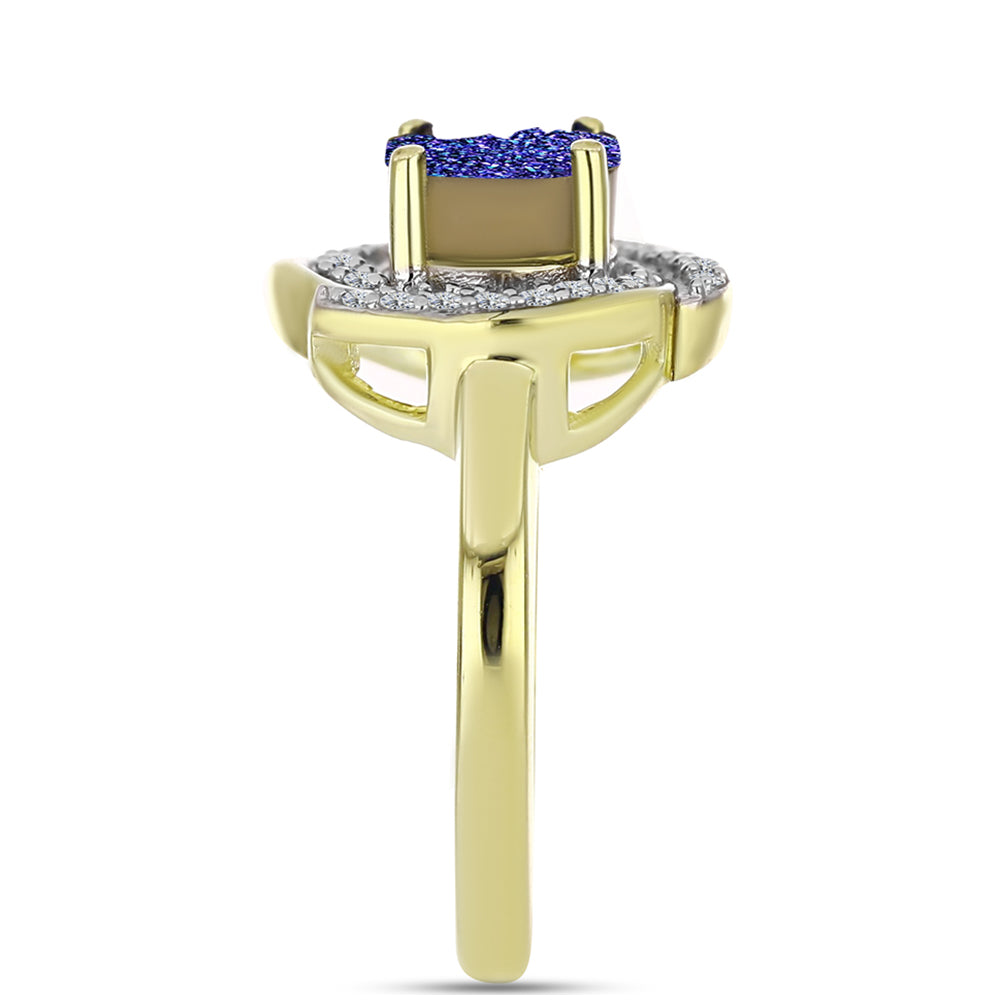 Anillo de Plata Bañada en Oro con Drusa Purpura y Topacio Blanco 4 