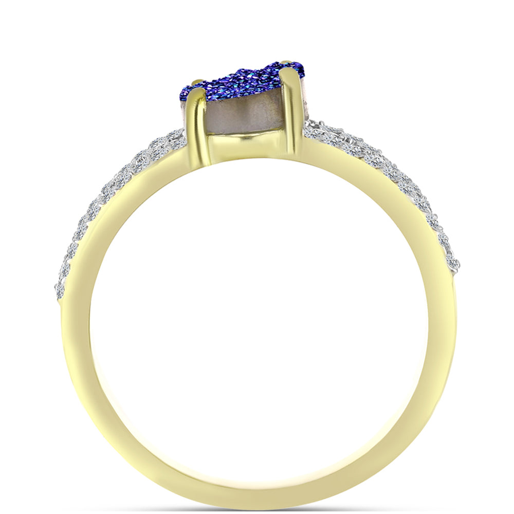 Anillo de Plata Bañada en Oro con Drusa Purpura y Topacio Blanco