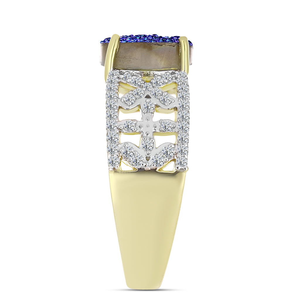 Anillo de Plata Bañada en Oro con Drusa Purpura y Topacio Blanco 8 