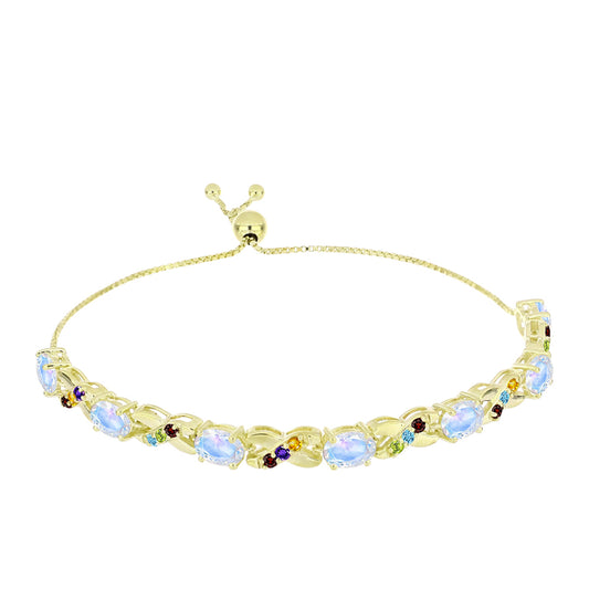 Pulsera de Plata Bañada en Oro con Piedra Lunar Arco Iris y Amatista de Marruecos
