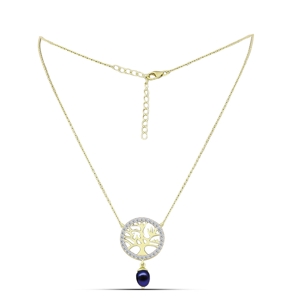 Collar de Plata Bañada en Oro con Perla Negra de Agua dulce y Topacio Blanco 2 