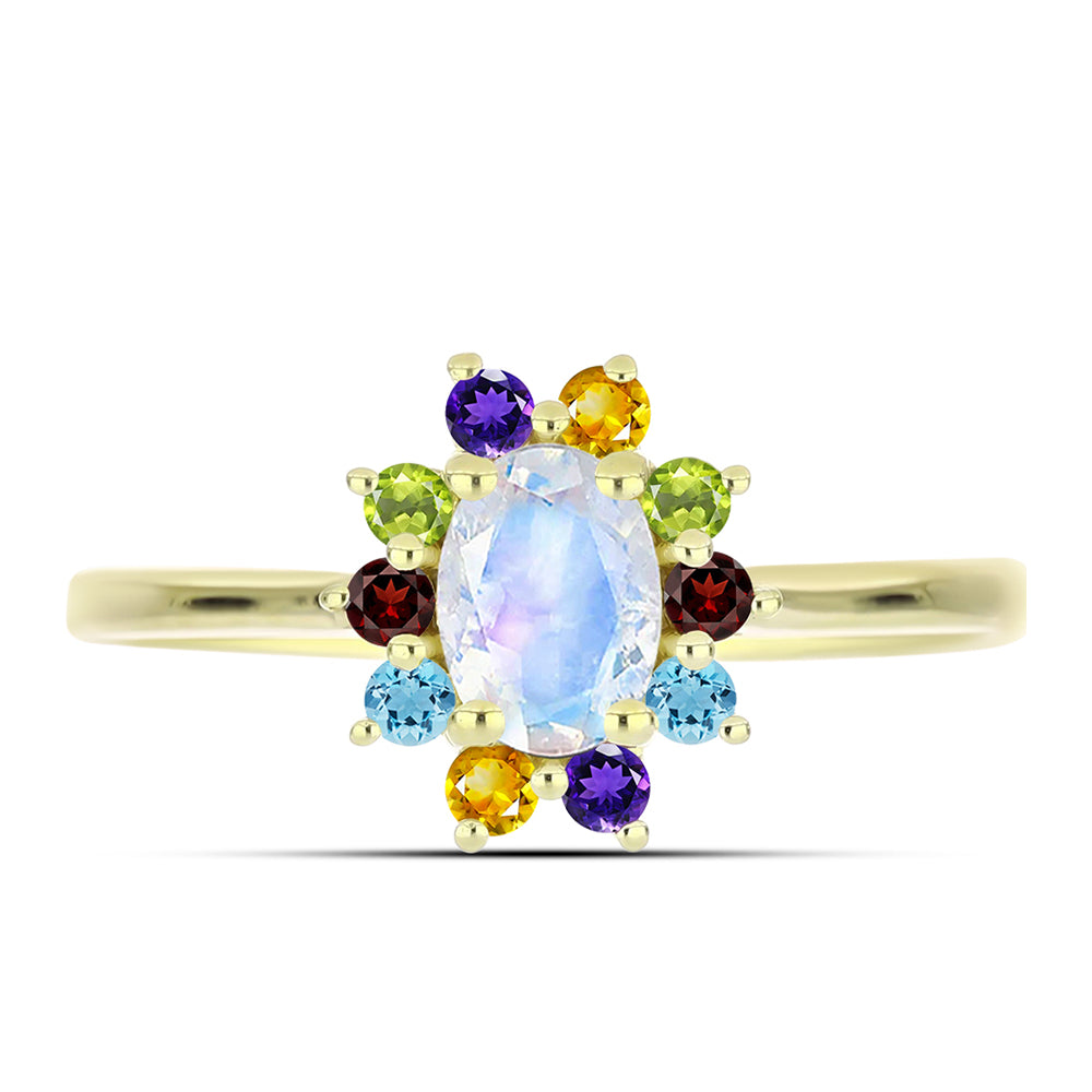 Anillo de Plata Bañada en Oro con Piedra Lunar Arco Iris y Amatista de Marruecos 1 