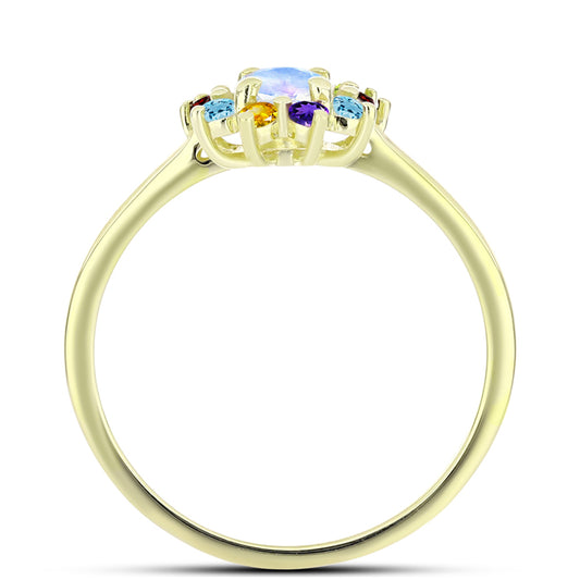 Anillo de Plata Bañada en Oro con Piedra Lunar Arco Iris y Amatista de Marruecos