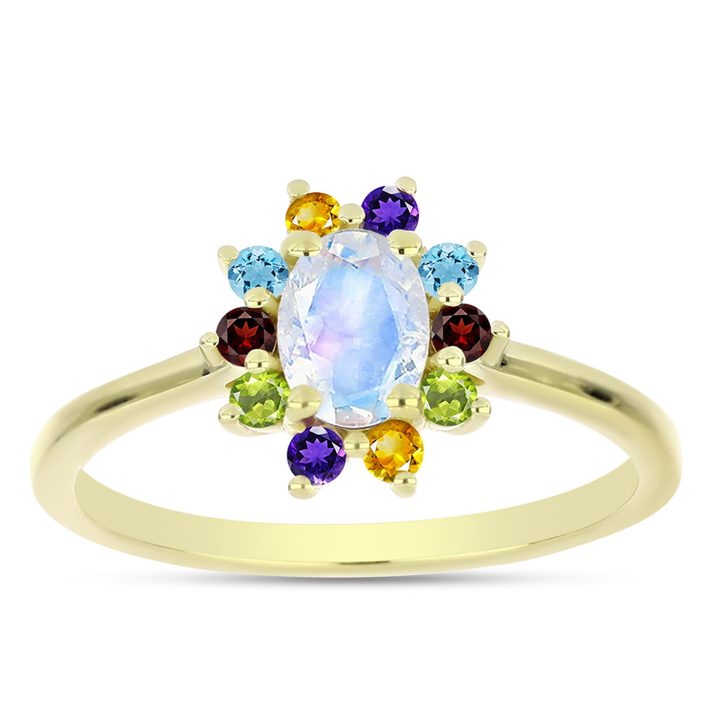 Anillo de Plata Bañada en Oro con Piedra Lunar Arco Iris y Amatista de Marruecos