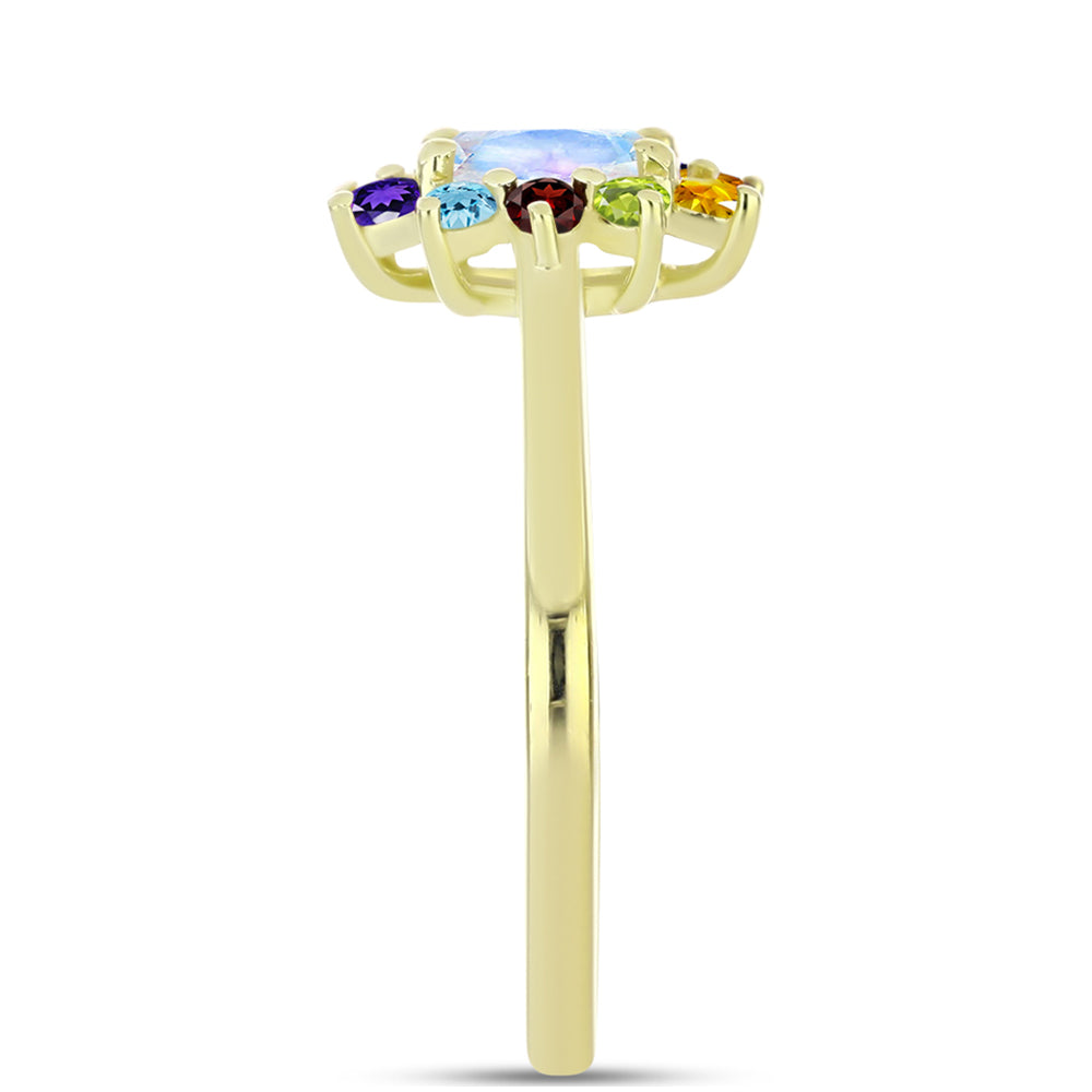 Anillo de Plata Bañada en Oro con Piedra Lunar Arco Iris y Amatista de Marruecos