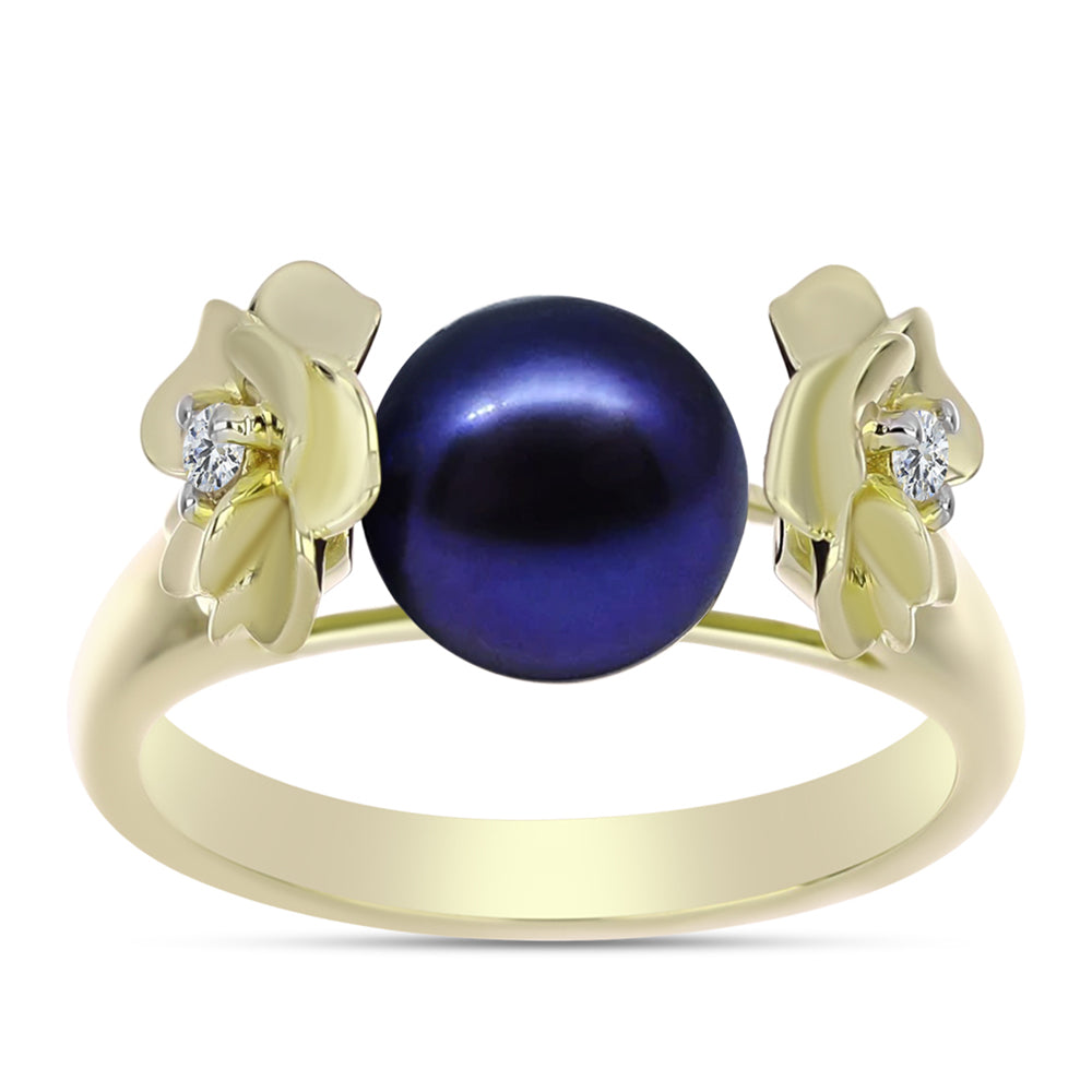 Anillo de Plata Bañada en Oro con Perla Negra de Agua dulce y Topacio Blanco 3 