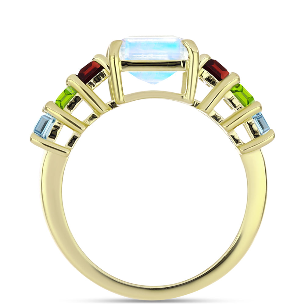 Anillo de Plata Bañada en Oro con Piedra Lunar Arco Iris y Granate Barton 6 