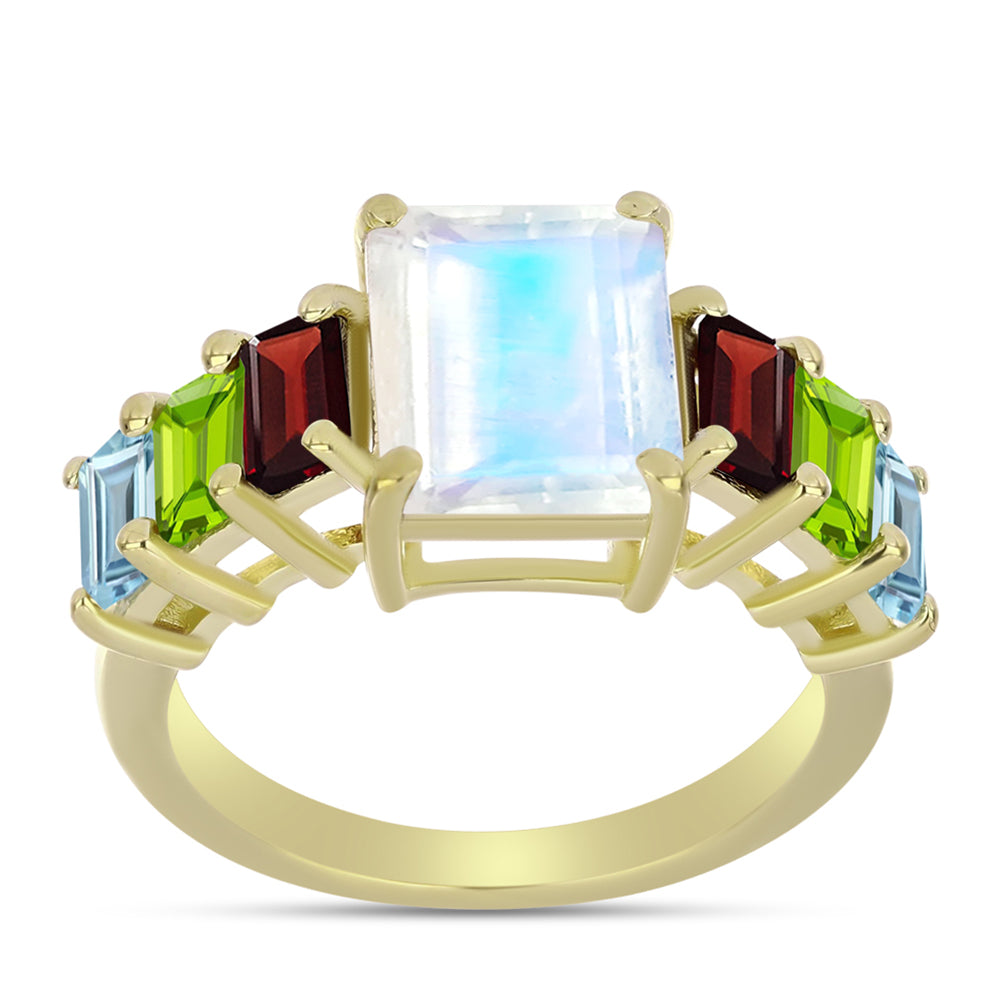 Anillo de Plata Bañada en Oro con Piedra Lunar Arco Iris y Granate Barton 7 