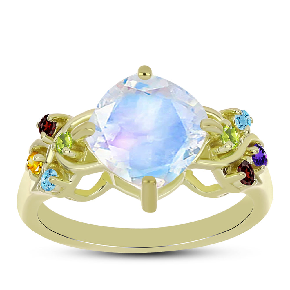 Anillo de Plata Bañada en Oro con Piedra Lunar Arco Iris y Amatista de Marruecos 3 