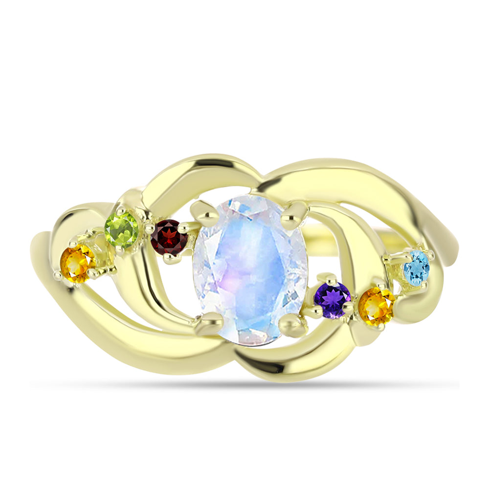 Anillo de Plata Bañada en Oro con Piedra Lunar Arco Iris y Amatista de Marruecos