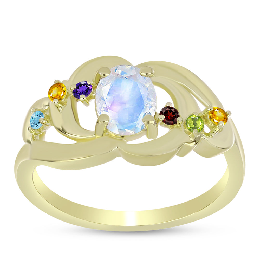 Anillo de Plata Bañada en Oro con Piedra Lunar Arco Iris y Amatista de Marruecos