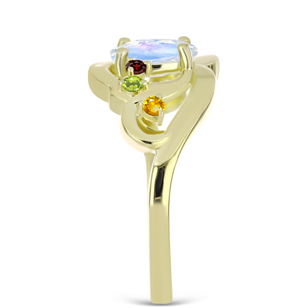 Anillo de Plata Bañada en Oro con Piedra Lunar Arco Iris y Amatista de Marruecos