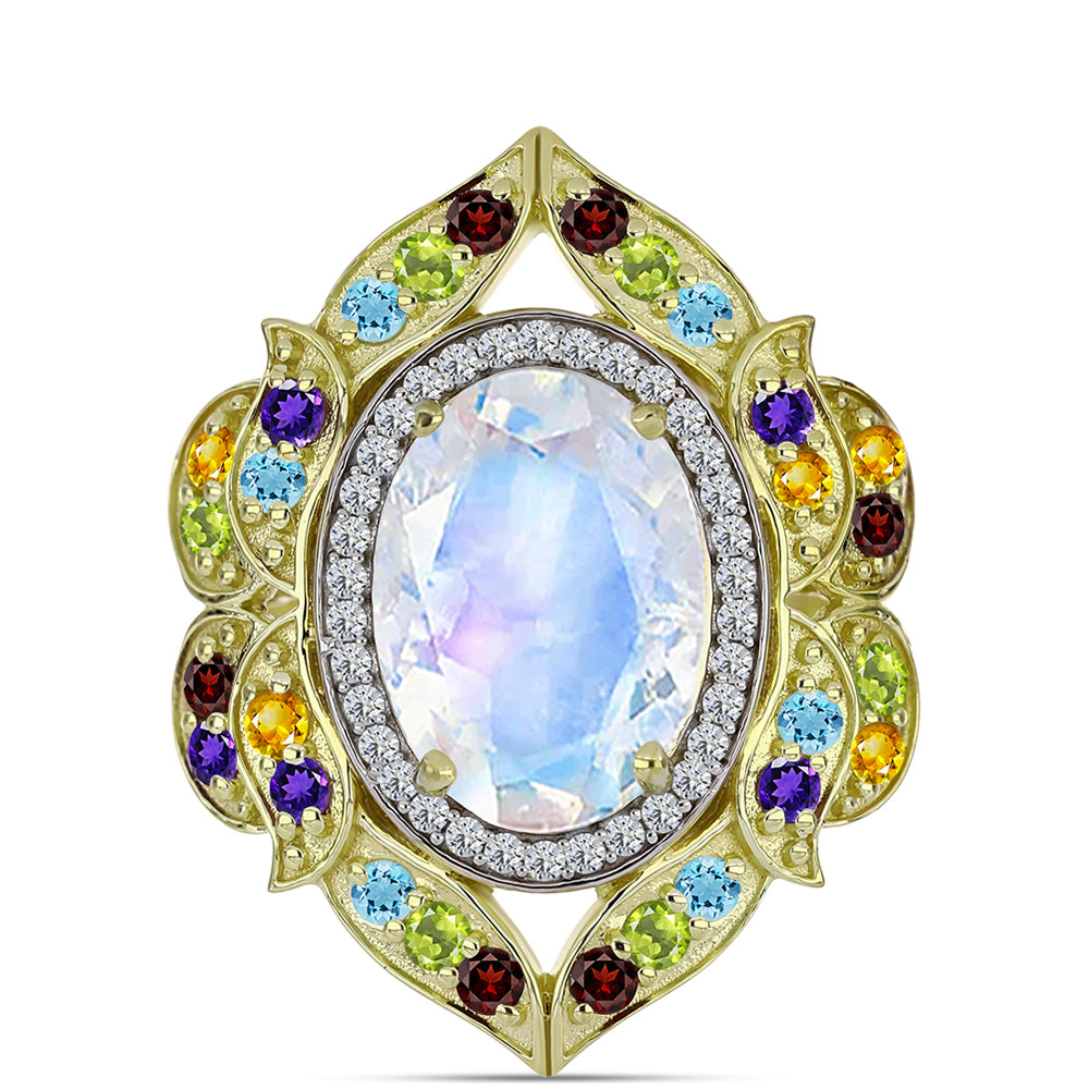 Anillo de Plata Bañada en Oro con Piedra Lunar Arco Iris y Amatista de Marruecos 5 