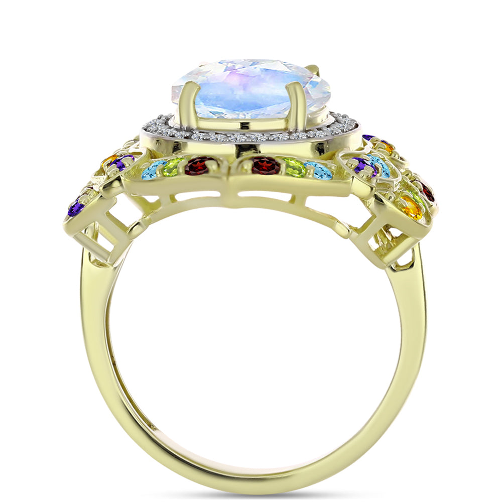 Anillo de Plata Bañada en Oro con Piedra Lunar Arco Iris y Amatista de Marruecos 6 