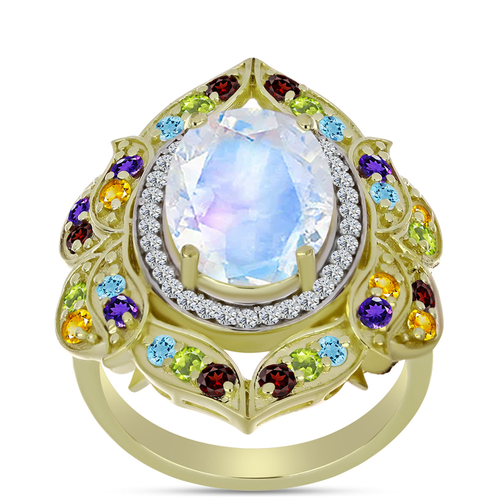 Anillo de Plata Bañada en Oro con Piedra Lunar Arco Iris y Amatista de Marruecos 11 