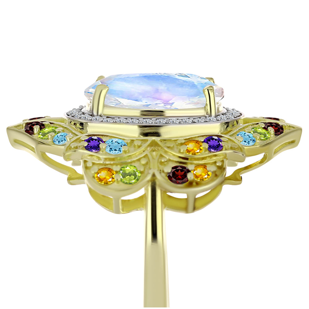 Anillo de Plata Bañada en Oro con Piedra Lunar Arco Iris y Amatista de Marruecos 4 