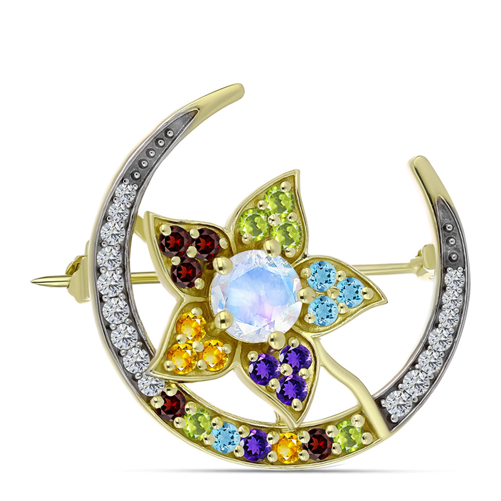 Broche de Plata Bañada en Oro con Piedra Lunar Arco Iris y Amatista de Marruecos 1 