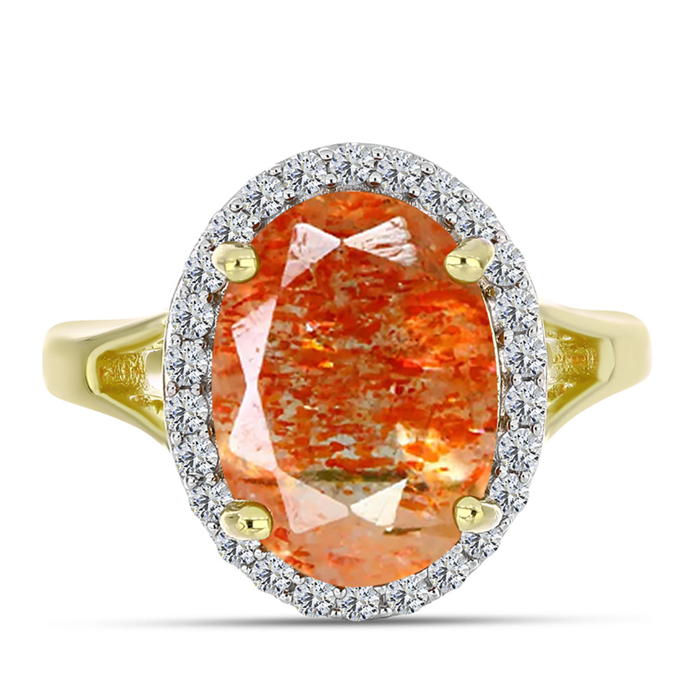 Anillo de Plata Bañada en Oro con Piedra Solar de Oregon y Topacio Blanco 5 