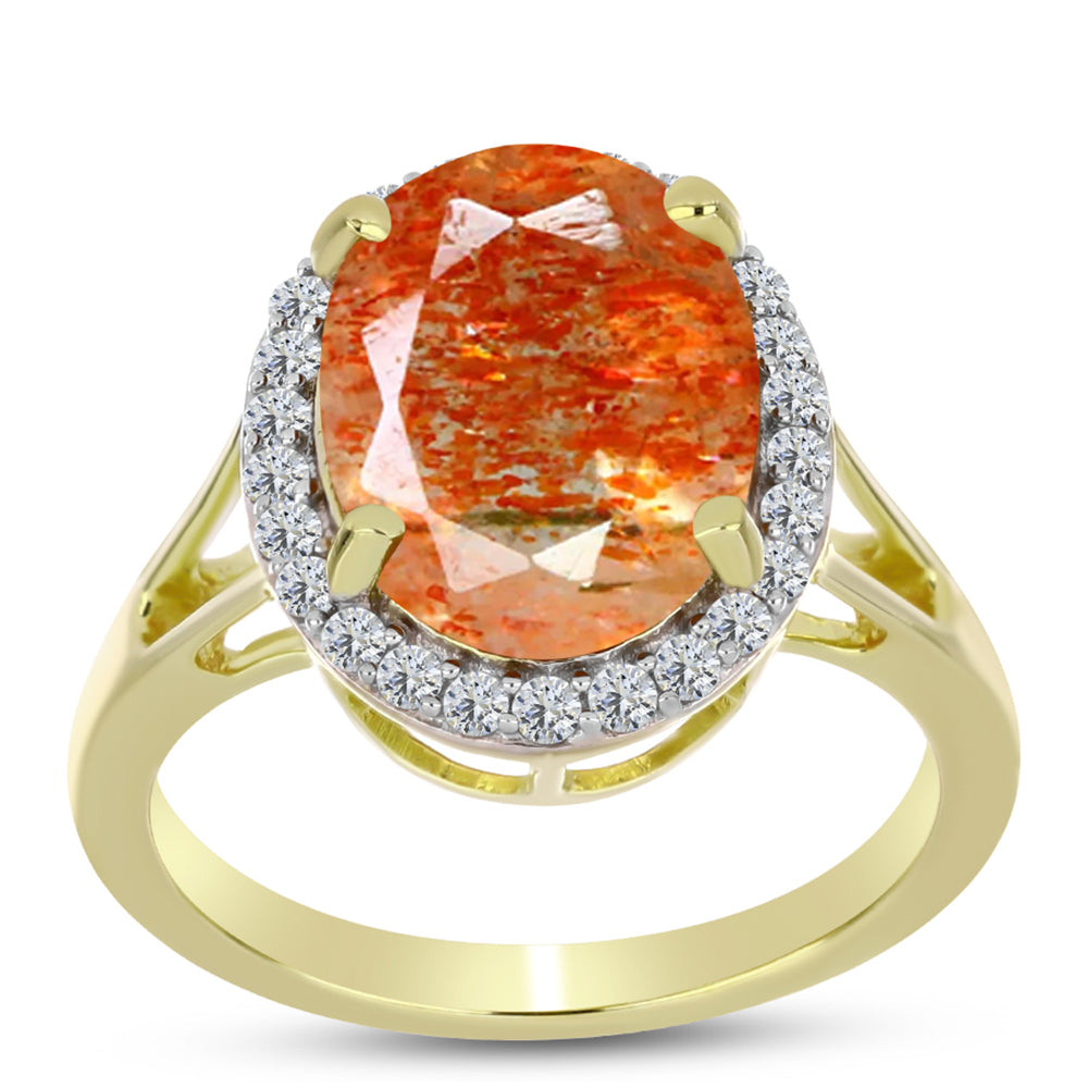 Anillo de Plata Bañada en Oro con Piedra Solar de Oregon y Topacio Blanco 7 