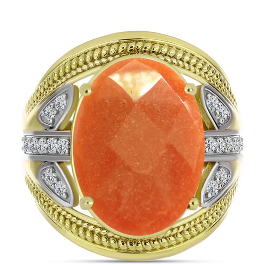 Anillo de Plata Bañada en Oro con Piedra Solar de Oregon y Topacio Blanco