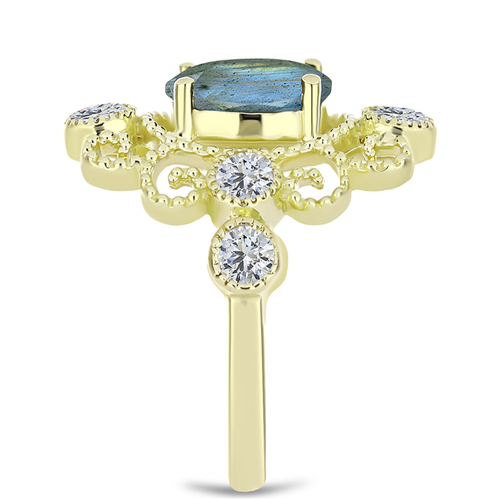 Anillo de Plata Bañada en Oro con Labradorita y Topacio Blanco 4 