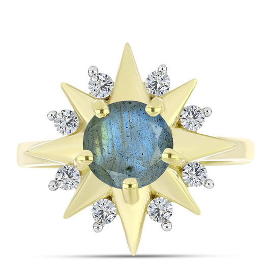 Anillo de Plata Bañada en Oro con Labradorita y Topacio Blanco